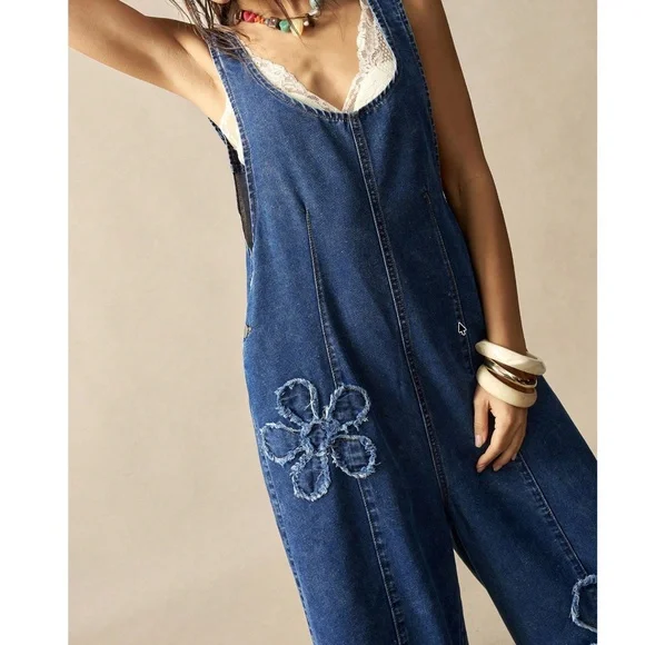 Boho Dark Wash Floral Patchwork Wide leg Denim Bib Overalls Jumpsuit - Picture 2 of 6